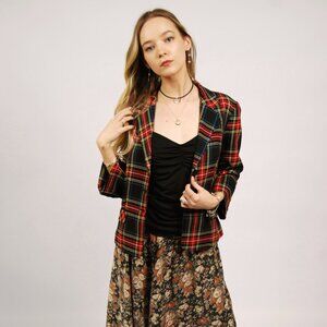 Y2K Plaid Blazer (M) medium red black vintage womens slim fit punk preppy office